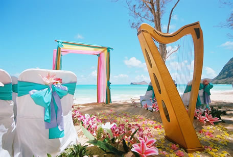 melissa photo with harp on the beach with bamboo gazebo